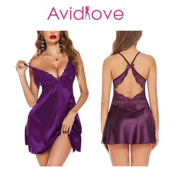 Avidlove Other - Avidlove Purple Satin and Lace Babydoll Nightie Criss-Cross Back Side Slits Sz L